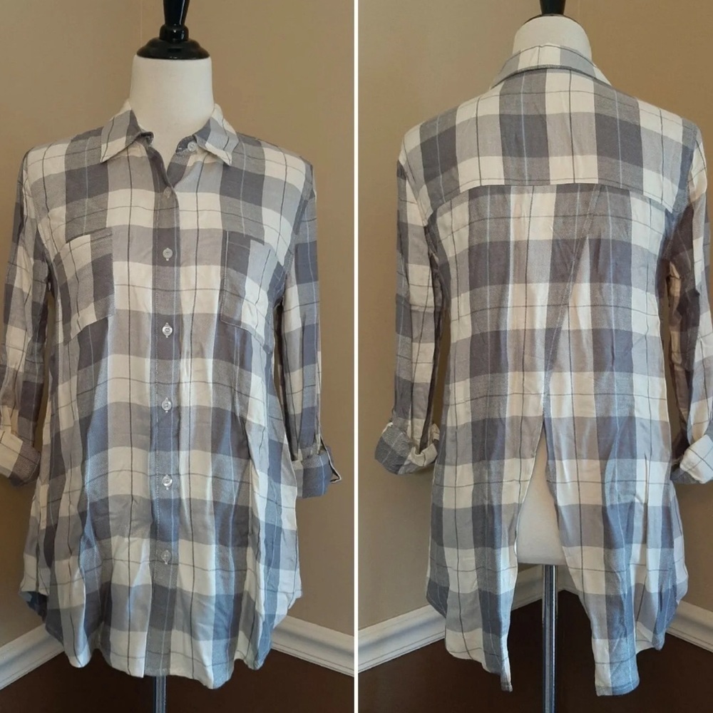 Gray Plaid Top Button Down Open-Back Roll-Tab Sle… - image 1
